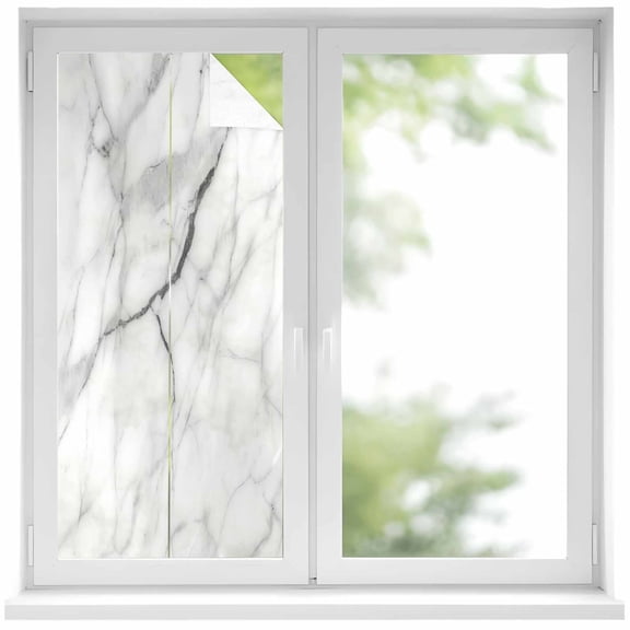 White Marble Window Privacy Film, Modern Geometric Abstract Minimalist Crack Static Cling UV Sun Blocking Heat Control Window Tint, Non-Adhesive One Way Windows Privacy Cover 17.7''x39.3''