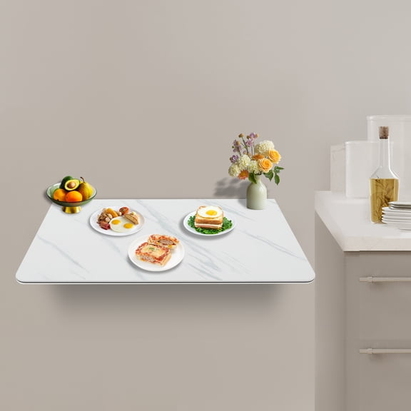 White Marble Wood 70x40cm Wall Hanging Folding Table Bearing 176 Pounds Multifunctional Workbench