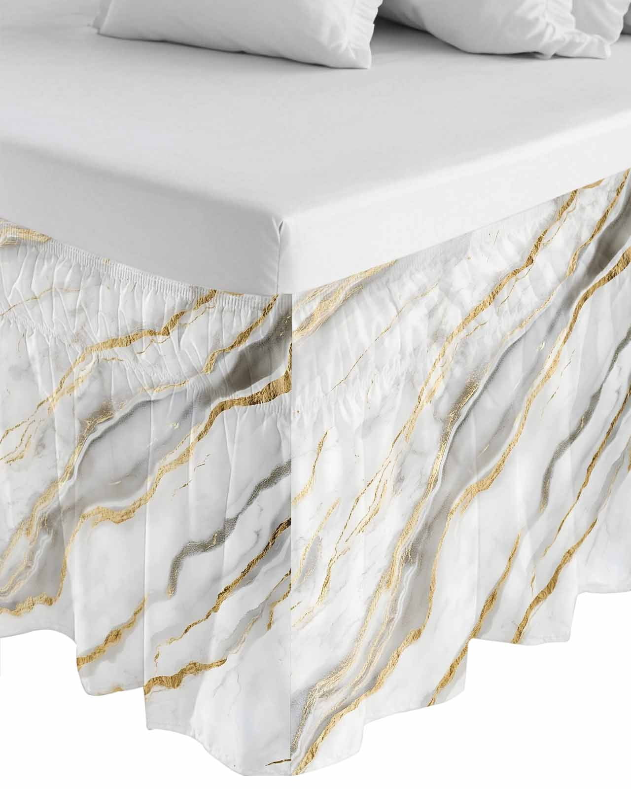 White Marble Wrap Around Bed Skirts for Queen Bed 16" Drop, Bed Skirt with Adjustable Elastic Belt Dust Ruffle Bed Valance for Bedroom Hotel Luxury Abstract Modern Yellow Crack Art Bed Frame Cover
