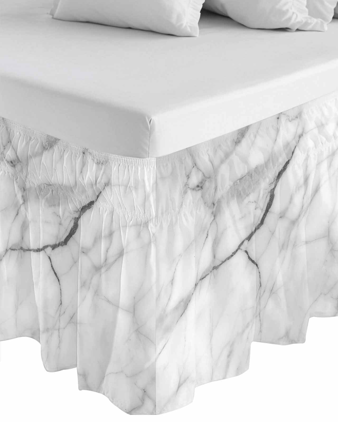 White Marble Wrap Around Bed Skirts for Queen Bed 16" Drop,Bed Skirt with Adjustable Elastic Belt Dust Ruffle Bed Valance for Bedroom Hotel Modern Geometric Abstract Minimalist Crack Bed Frame Cover