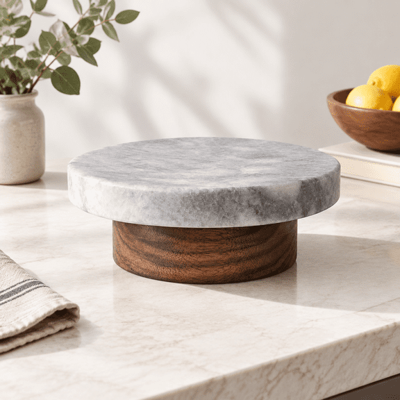 White Marble and Walnut Round Pedestal Display Riser for Home Decor