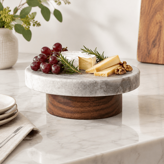 White Marble and Walnut Round Pedestal Display Riser for Home Decor