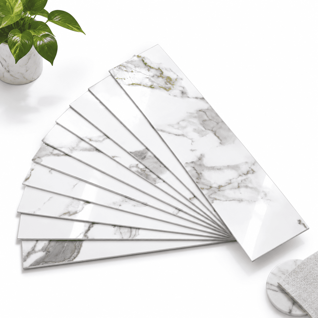 White Marble with White Grout, 40 3x12 Glossy Peel and Stick Subway PVC ...