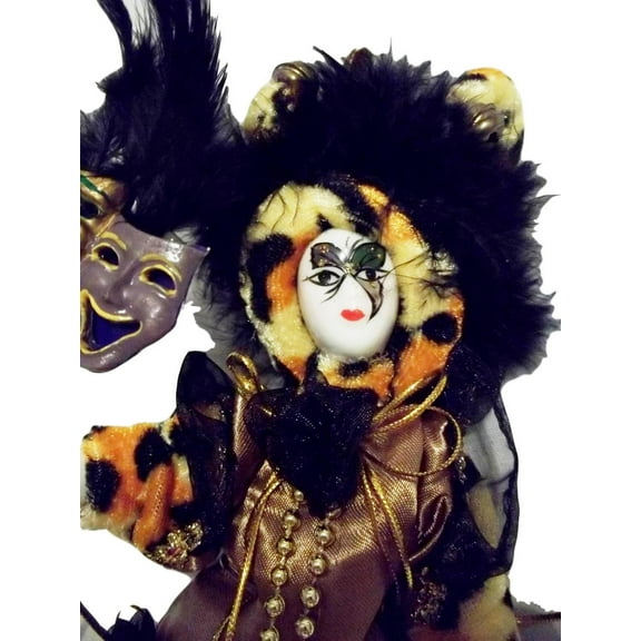 White Mardi Gras Jester Doll 7" Leopard with stand