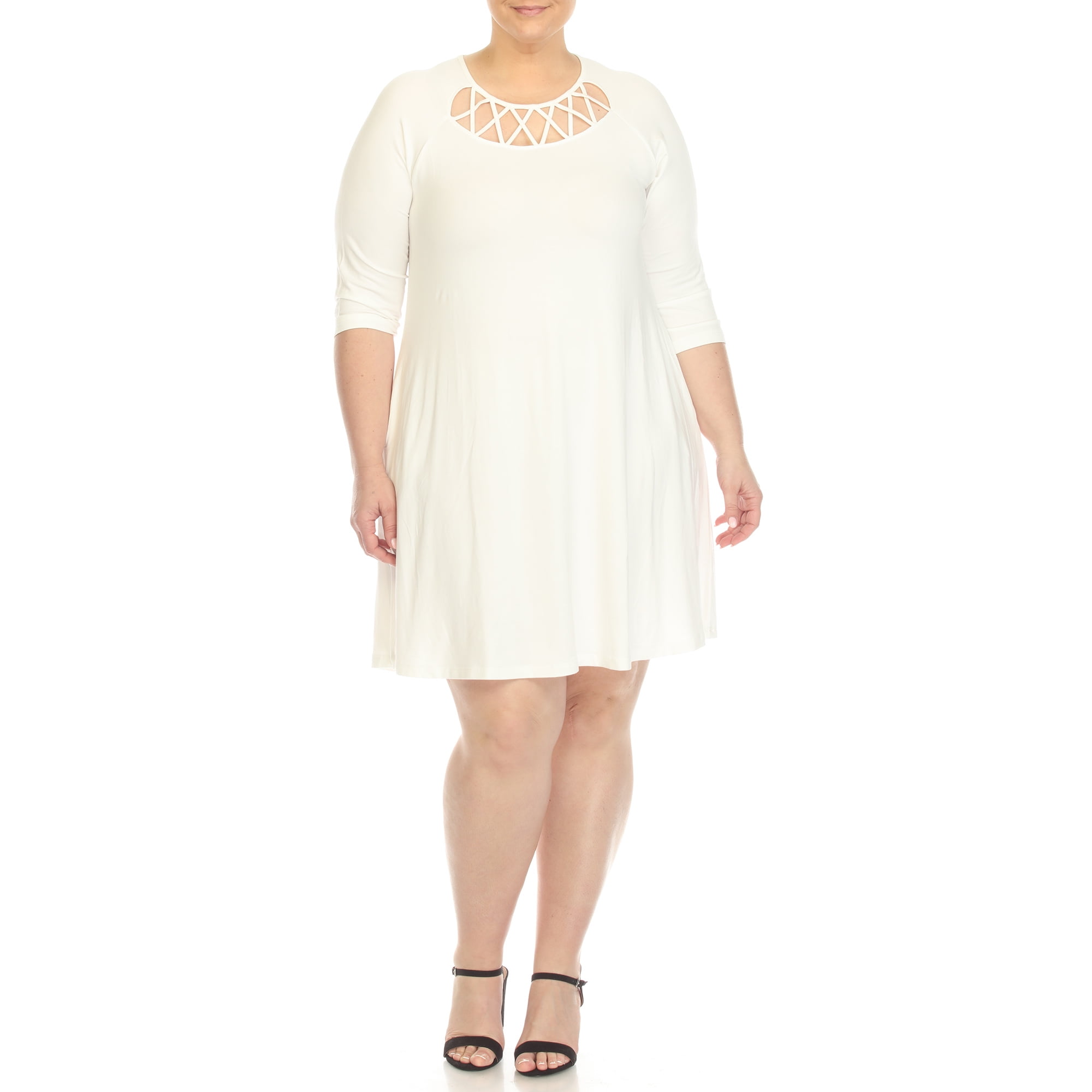 White Mark 3/4 Sleeve Crisscross Neck Dress (Women's & Women's Plus)