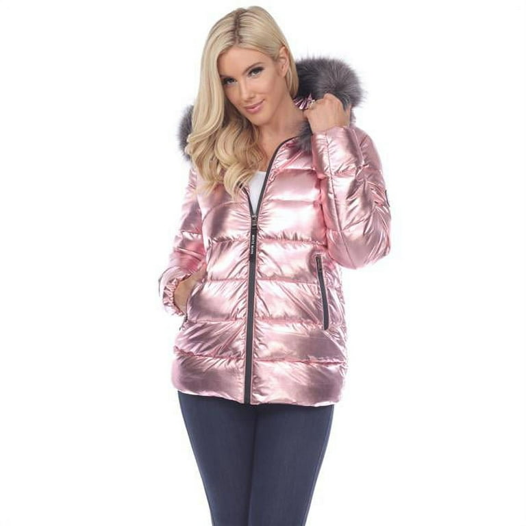 White Mark 926-03-L Pink Metallic Puffer Coat with Hoddie Large