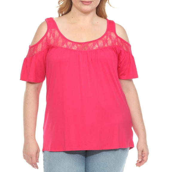White Mark Casual Cold Shoulder Lace Trim Knit Blouse, Women's Plus