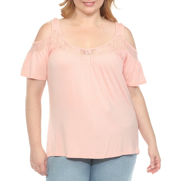 White Mark Casual Cold Shoulder Lace Trim Knit Blouse, Women's Plus