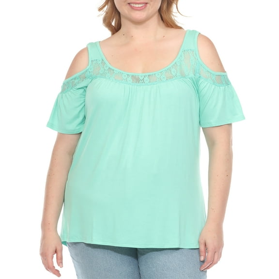 White Mark Casual Cold Shoulder Lace Trim Knit Blouse, Women's Plus