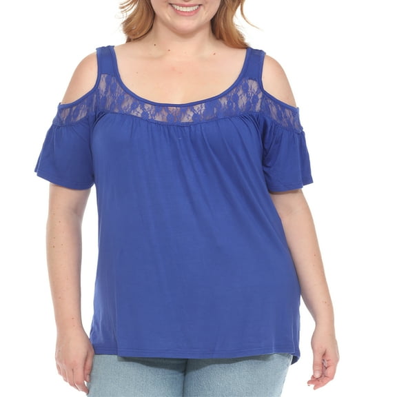 White Mark Casual Cold Shoulder Lace Trim Knit Blouse, Women's Plus