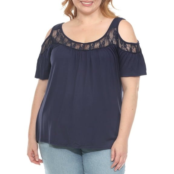 White Mark Casual Cold Shoulder Lace Trim Knit Blouse, Women's Plus