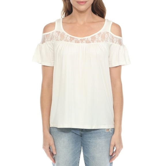 White Mark Casual Cold Shoulder Lace Trim Knit Blouse, Women's