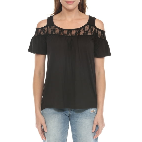 White Mark Casual Cold Shoulder Lace Trim Knit Blouse, Women's