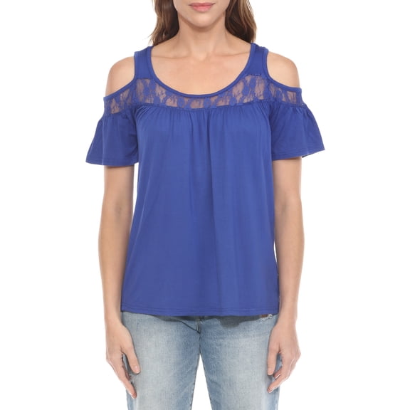 White Mark Casual Cold Shoulder Lace Trim Knit Blouse, Women's