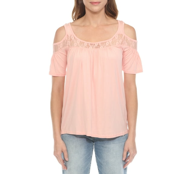 White Mark Casual Cold Shoulder Lace Trim Knit Blouse, Women's