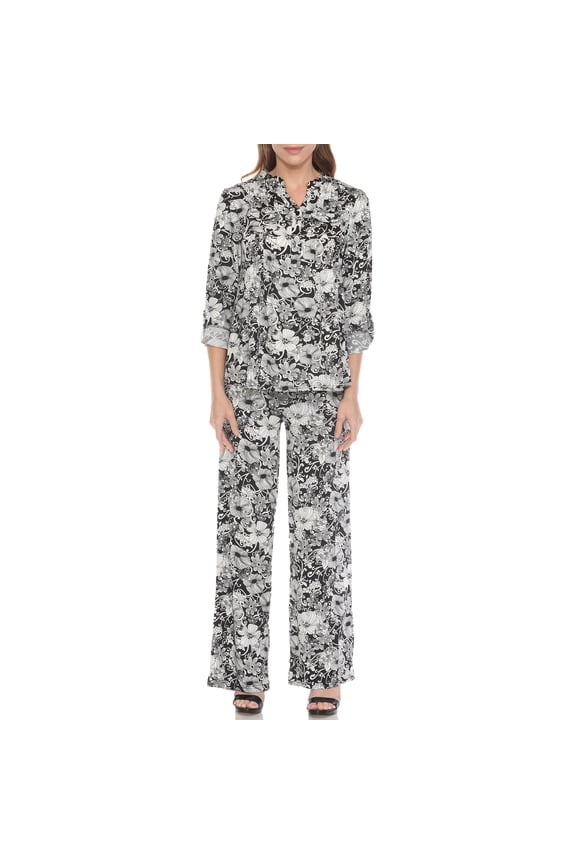 Casual Floral Print 3/4 Sleeve Blouse and Palazzo Pant Clothing Set, 2-Piece, Women's