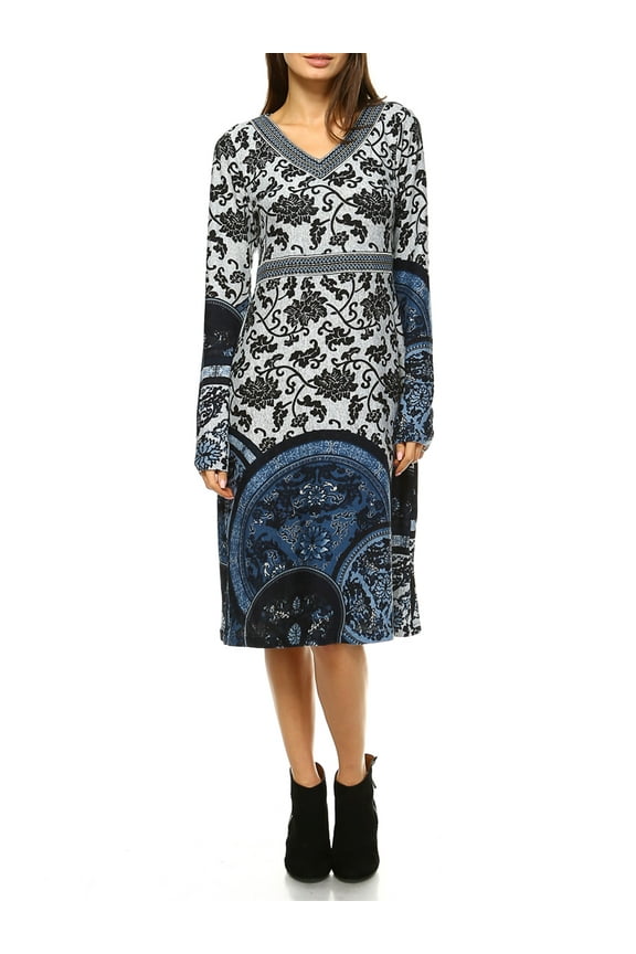 Fashion by White Mark V Neck Embroidered Sweater Floral Print Dresses Sizes S-XL