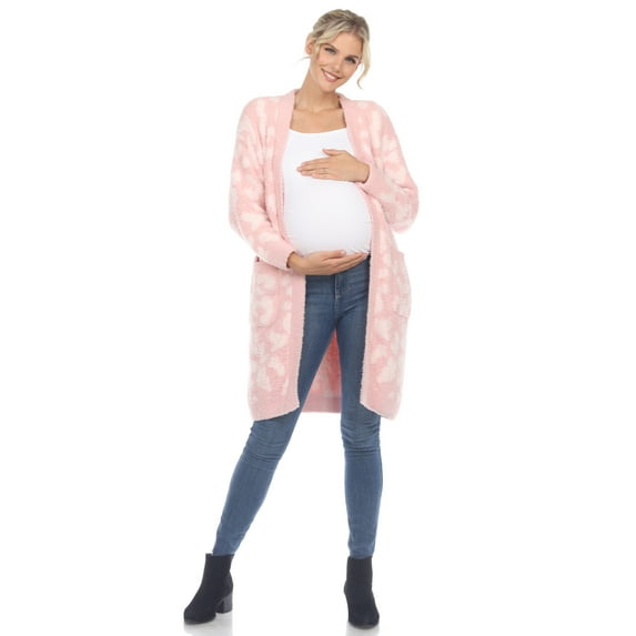 Maternity Leopard Print Open Front Sherpa Coat Color: Pink Size: L-XL