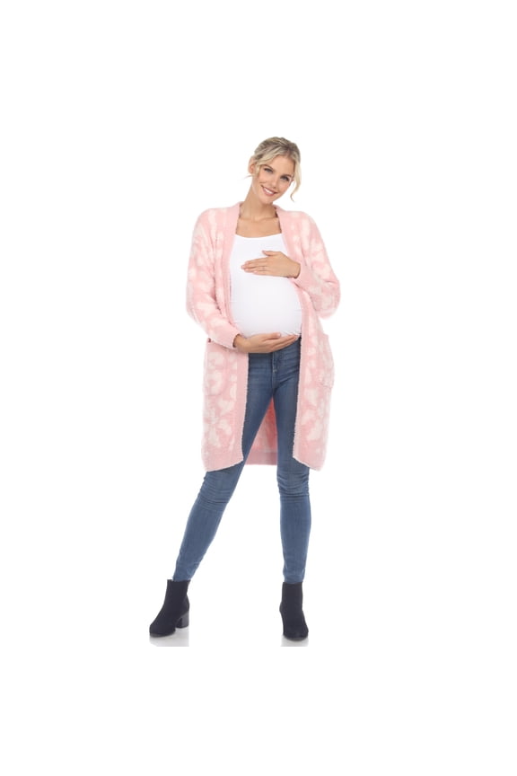 Maternity Leopard Print Open Front Sherpa Coat Color: Pink Size: L-XL