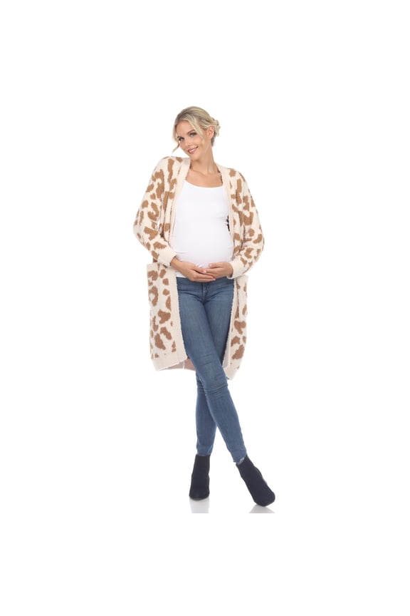 Maternity Leopard Print Open Front Sherpa Coat Color: Tan Leopard Size: S-M