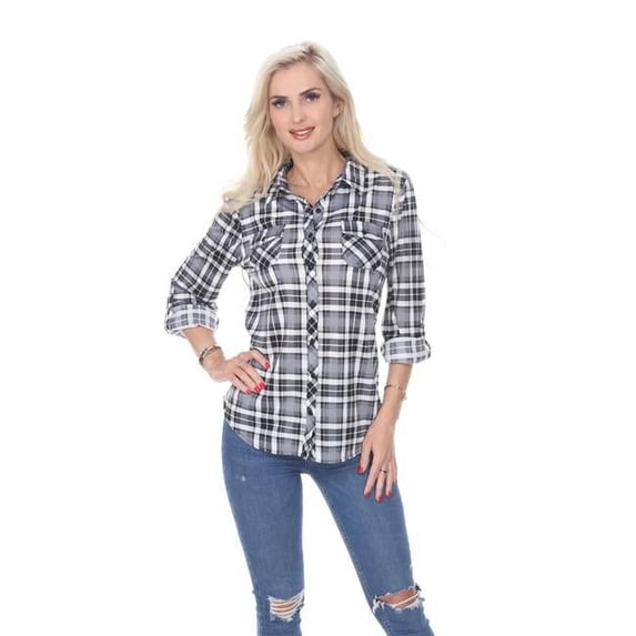 White Mark Oakley Stretchy Plaid Top - White & Black - Large
