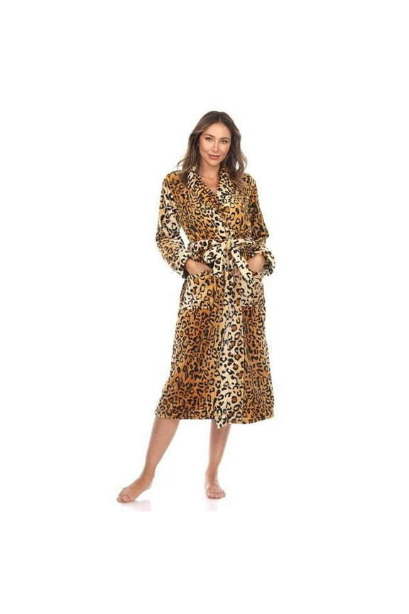 PS097-05-2XL-3XL Women Leopard Print Cozy Lounge Robe, Brown - 2XL & 3XL
