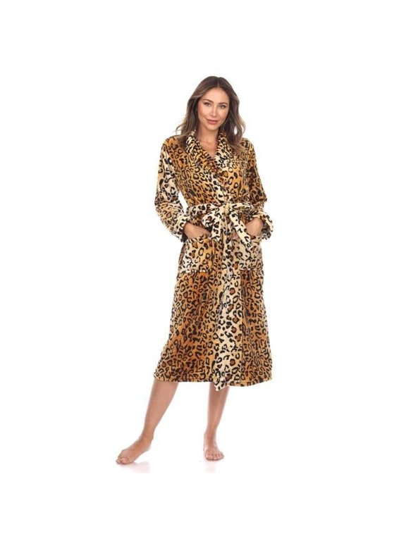 PS097-05-2XL-3XL Women Leopard Print Cozy Lounge Robe, Brown - 2XL & 3XL