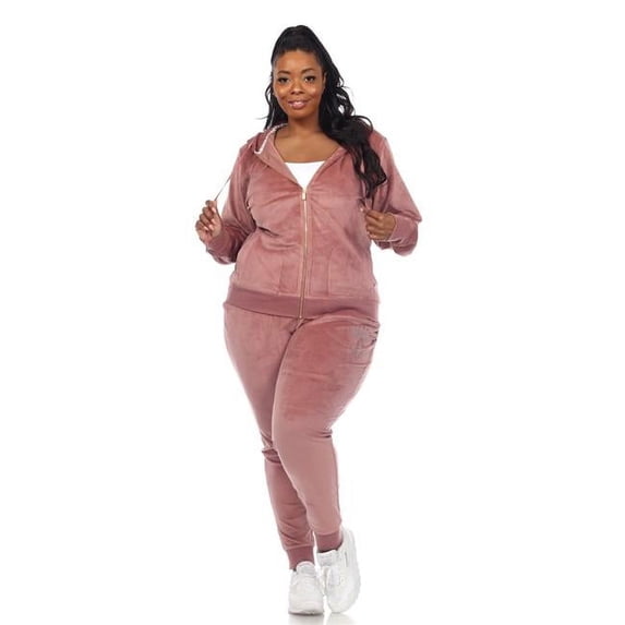 White Mark PS2128-03-1X Womens Plus Size Rhinestone Velour Tracksuit Set, Pink - 1X - 2 Piece