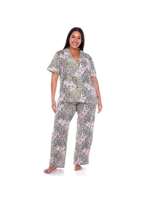 PS3681-16-3X Womens Plus Size Short Sleeve & Pants Tropical Pajama Set, Brown - 3XL