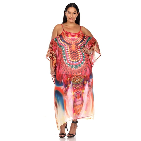 White Mark PSLD985-227 Women Plus Size Sheer Maxi Caftan Sparkle Tunic Top, Red - One Size