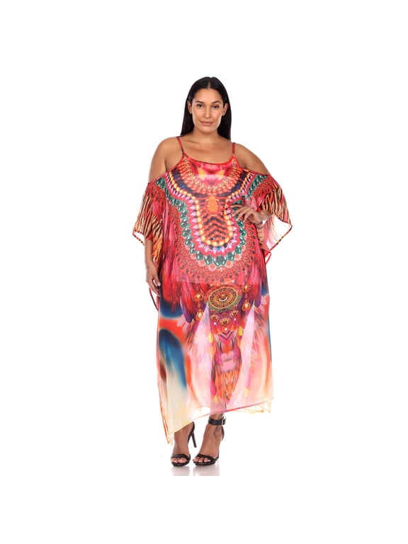 PSLD985-227 Women Plus Size Sheer Maxi Caftan Sparkle Tunic Top, Red - One Size