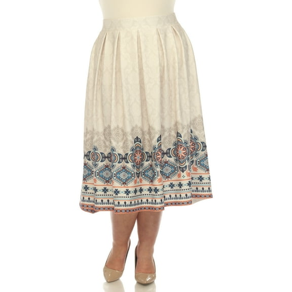 White Mark Plus Size Border Print Pleated Midi Skirt