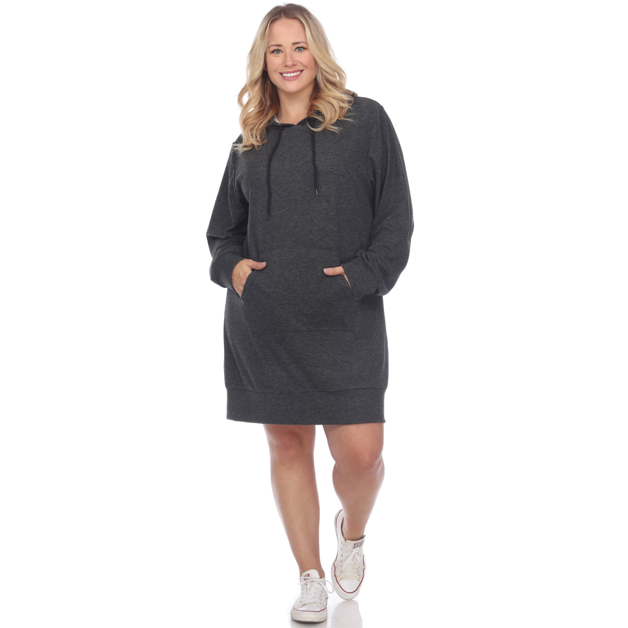 White Mark Plus Size Hooded Pullover Kangaroo Pocket Fleeced Textured Cozy  Sweatshirt Dress 