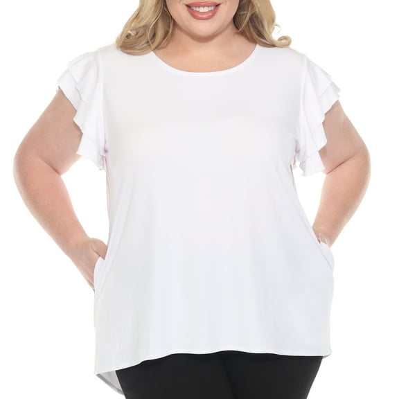 White Mark Ruffle Sleeve Solid Top (Women's Plus)
