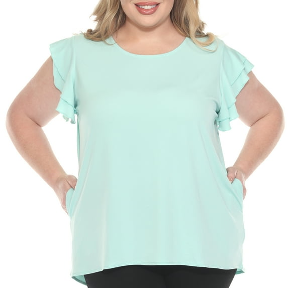 White Mark Ruffle Sleeve Solid Top (Women's Plus)