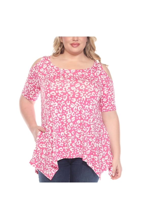 Short Sleeve Cold Shoulder Leopard Print Tunic Top, Women's Plus, 1X-3X