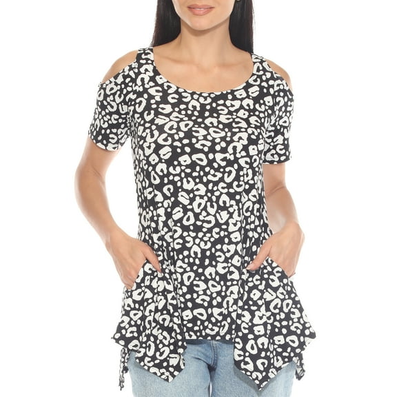 White Mark Short Sleeve Cold Shoulder Leopard Print Tunic Top, Women's, S-XL