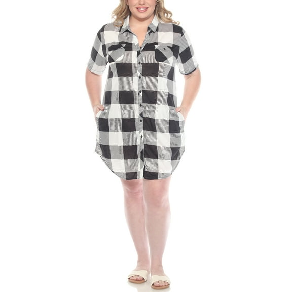 White Mark Short Sleeve Plaid Button-Down Dress, Women's Plus, 1X-3X