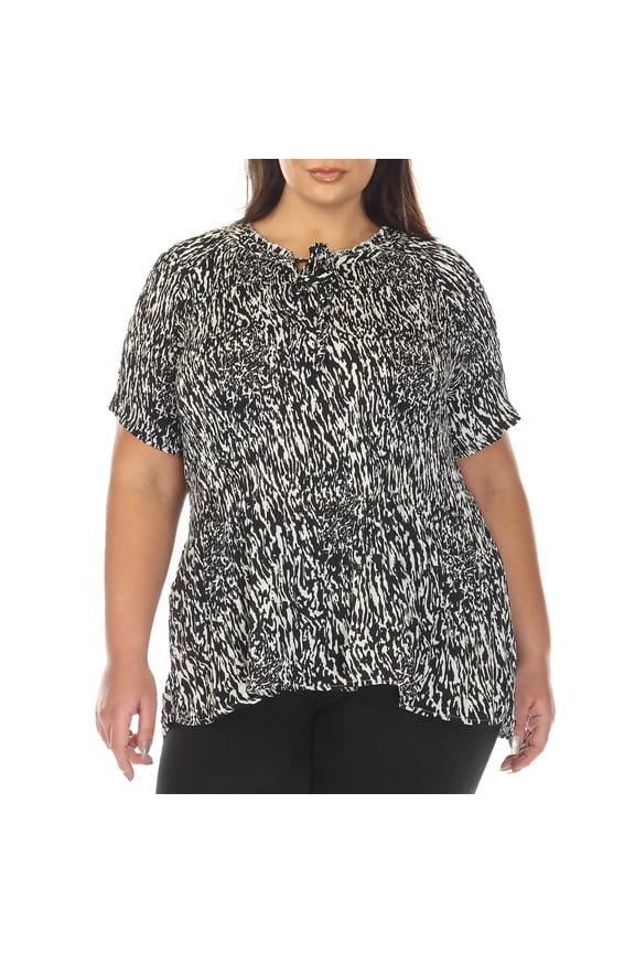 Short Sleeve Printed Tie-Neck Blouse, Women's Plus, 1X-3X
