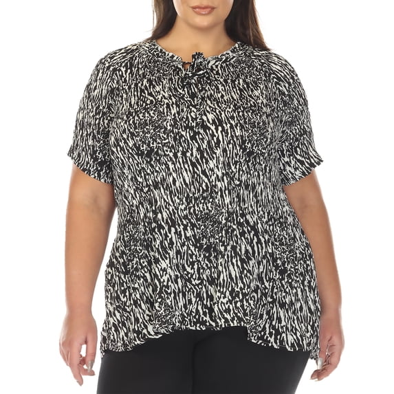 White Mark Short Sleeve Printed Tie-Neck Blouse, Women's Plus, 1X-3X