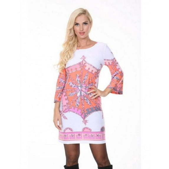 White Mark Universal 809-172-XL Printed 3 - 4 Bell Sleeve Dress - Orange - White - Extra Large