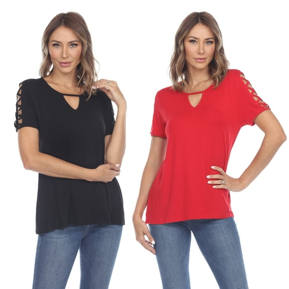 White Mark Women's 2-Pack Black Keyhole Neck Top