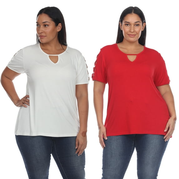 White Mark Women's 2-Pack Plus Size White Keyhole Neck Top