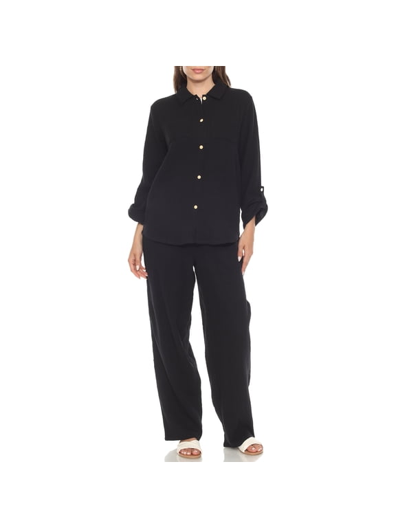 Women's 2-Piece Oversize Long Sleeve Button Down Cotton Linen Gauze Lounge Beach Set