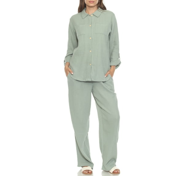 White Mark Women's 2-Piece Oversize Long Sleeve Button Down Cotton Linen Gauze Lounge Beach Set