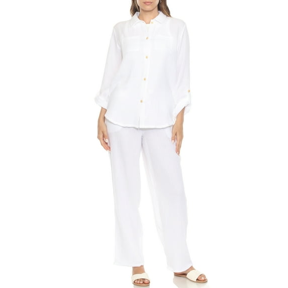 White Mark Women's 2-Piece Oversize Long Sleeve Button Down Cotton Linen Gauze Lounge Beach Set