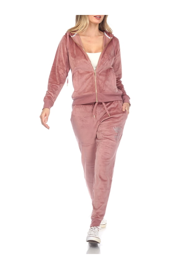 Women's 2 Piece Rhinestone Velour Tracksuit Set