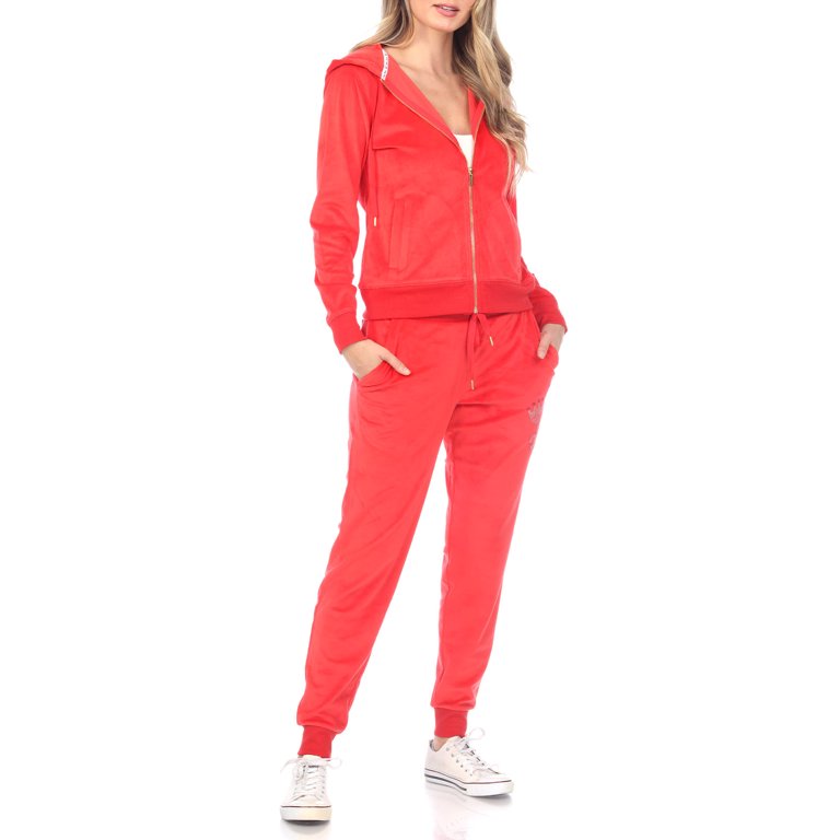 White Mark Women's 2 Piece Rhinestone Velour Tracksuit Set