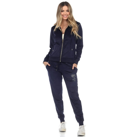 White Mark Women's 2 Piece Rhinestone Velour Tracksuit Set