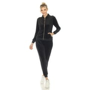 White Mark Women's 2-Piece Velour Long Sleeve Tracksuit Set with Faux Leather Stripe